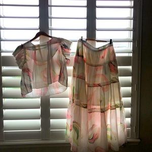Matching blouse and skirt with pink and green flowery details